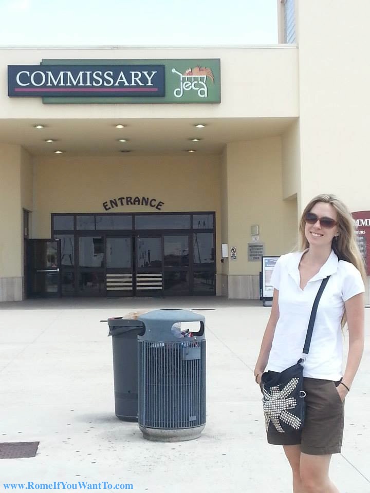 Outside the US Naval Base Commissary. The only thing that shows I'm in Italy, not America, is this gaudy purse.