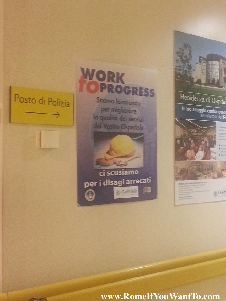 Given that the rest of the poster is in Italian, and is therefore intended towards Italian readers, I cannot understand why the heading is in English. Bonus points for the incorrect pronoun and triple points for the out-of-the-blue picture of a hamburger and fries. This was in a hospital waiting room and was about construction work. 