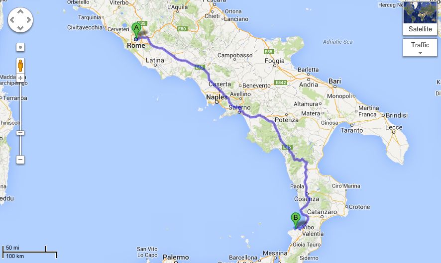 Map of Rome to Calabria