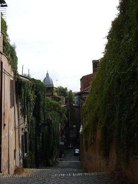 An alley in Trastevere that will eventually get dark. Thanks for the pic, Wikipedia!