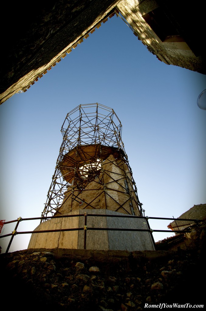 The 16th-century Medici tower, which collapsed in the 2009 earthquake. Restoration is slow due to shortage in funds.