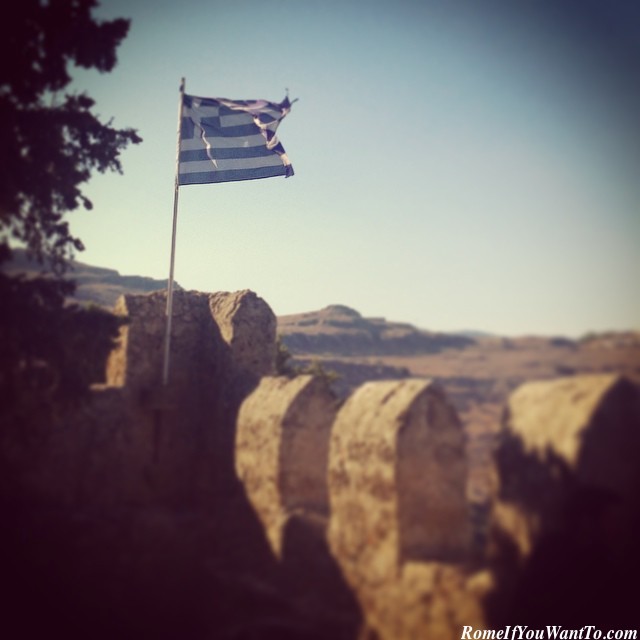 Greece - Flag Rhodes Lindos Acropolis of Rhodes